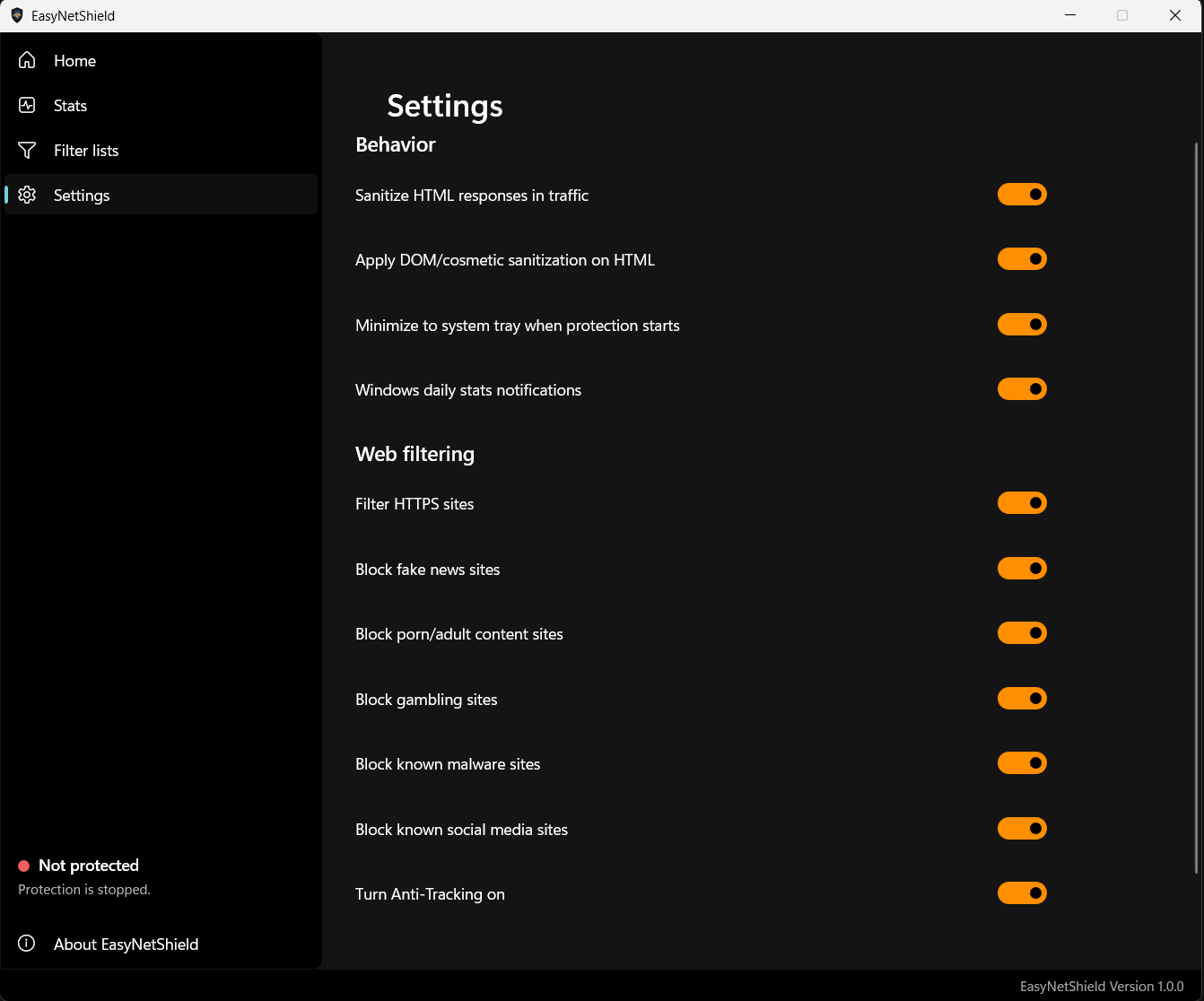 EasyNetShield settings — language, HTTPS filtering, and startup options
